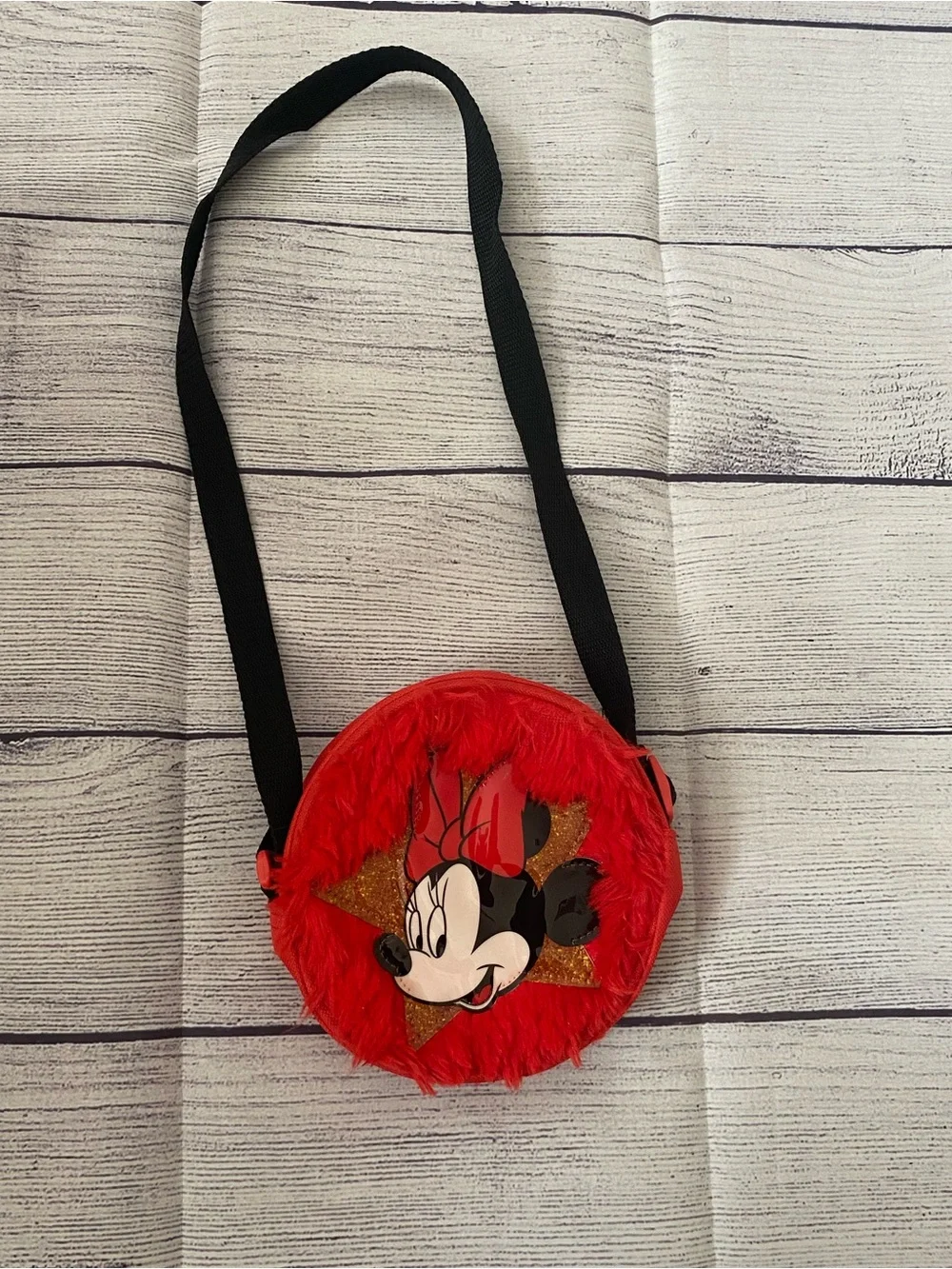 Disney Red Minnie Mouse Plush Round Crossbody Bag with Black Strap
